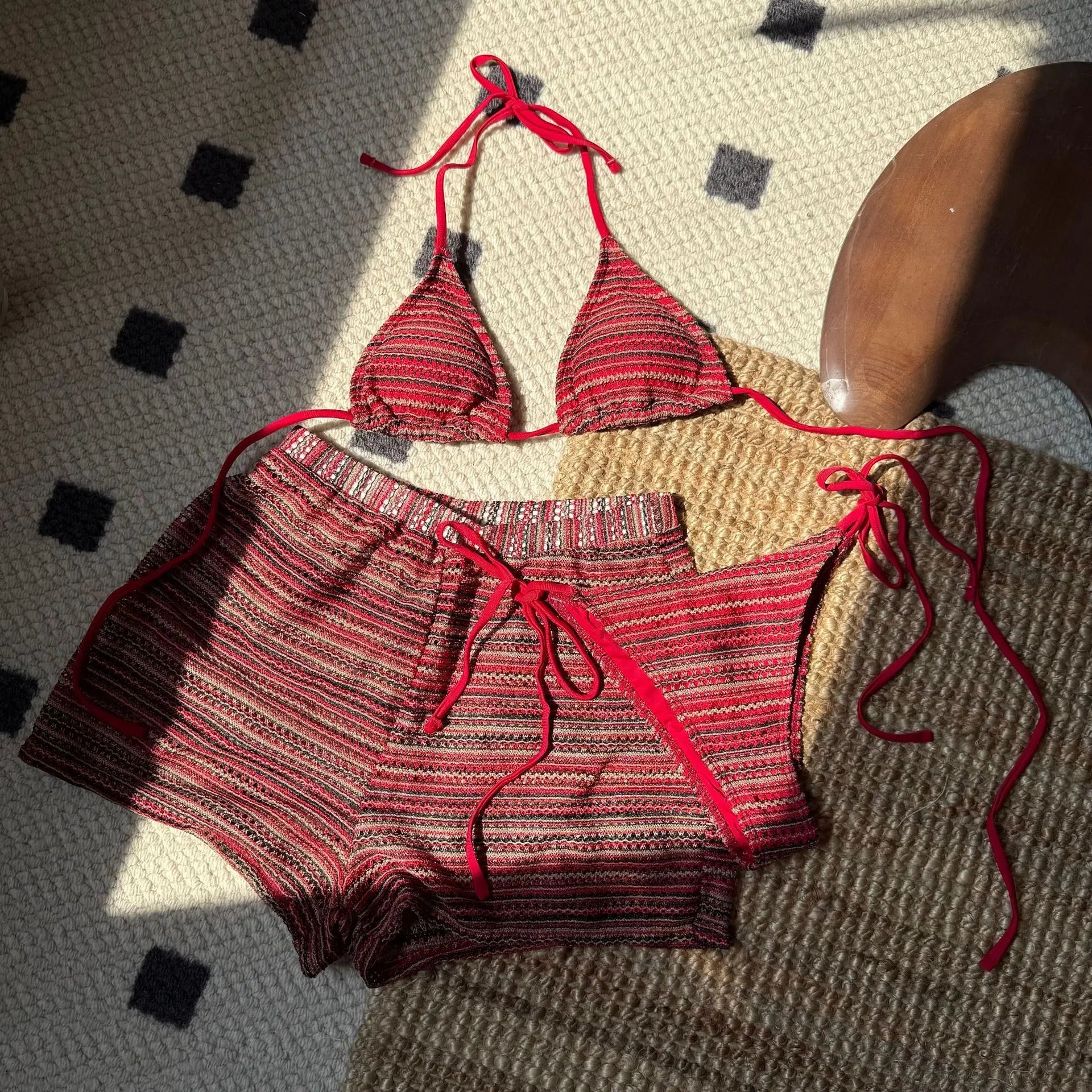 Striped Halter Tie Bikini Set For Women | Jorina Red
