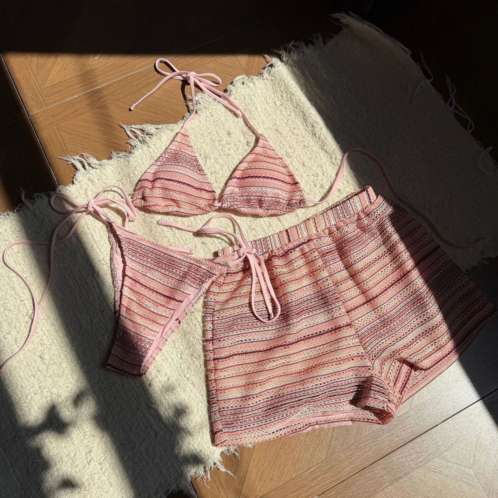 Striped Halter Tie Bikini Set For Women | Jorina Peach