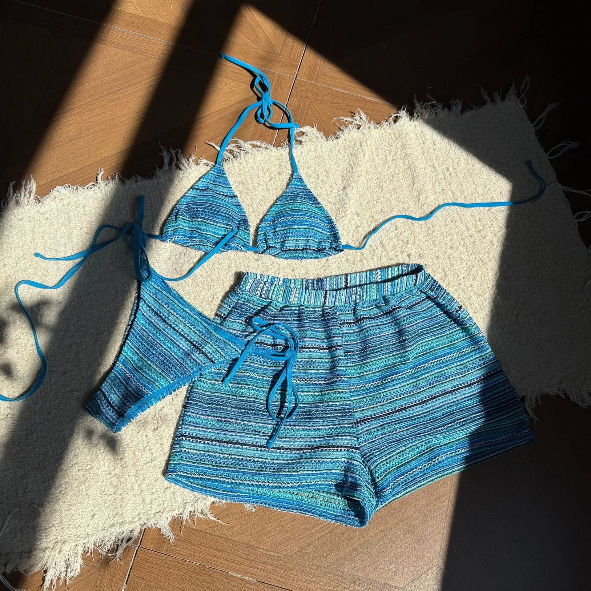 Striped Halter Tie Bikini Set For Women | Jorina Blue