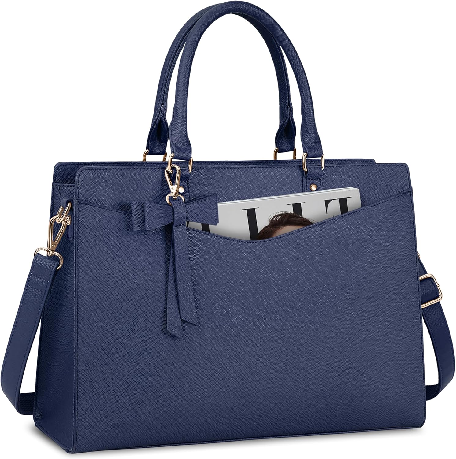 Structured Laptop Tote Bag with Bow Accent for Women| Amara Blue
