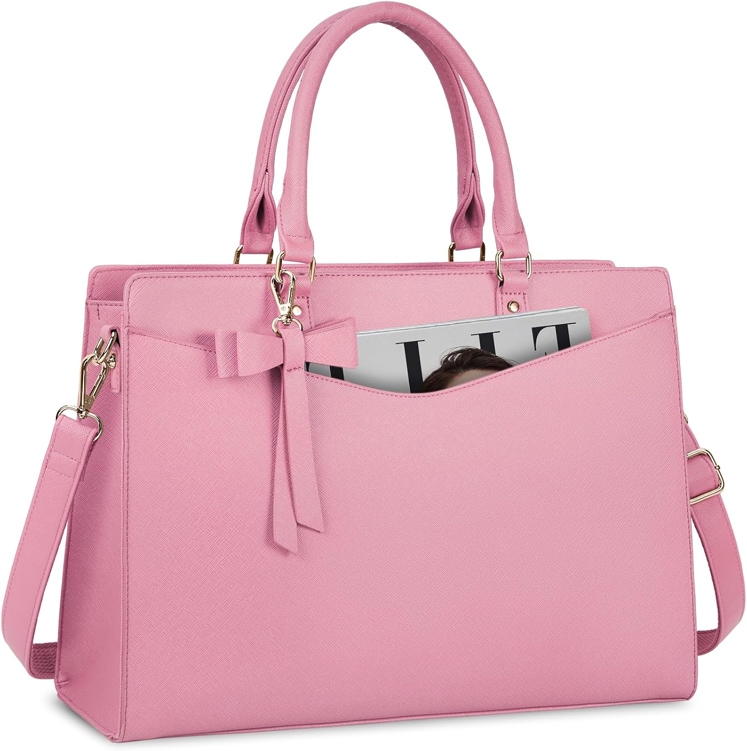 Structured Laptop Tote Bag with Bow Accent for Women| Amara Pink