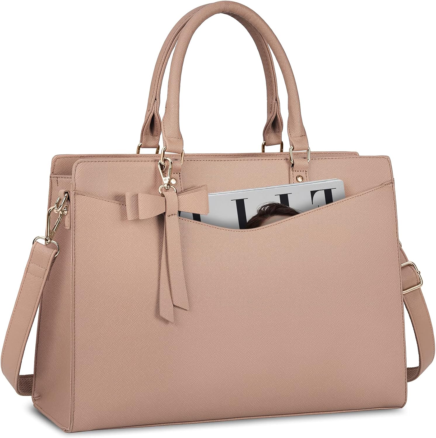Structured Laptop Tote Bag with Bow Accent for Women| Amara Khaki