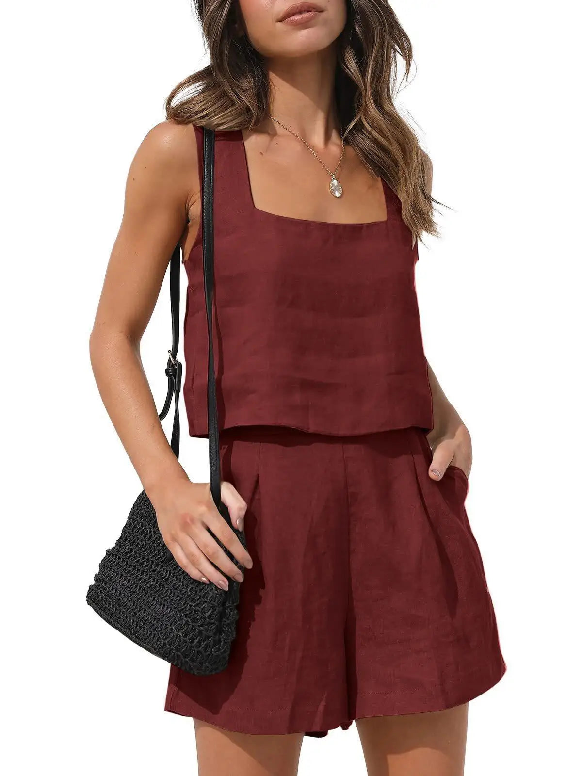 Summer Linen Set with Top and Shorts for Women | Georgina Red