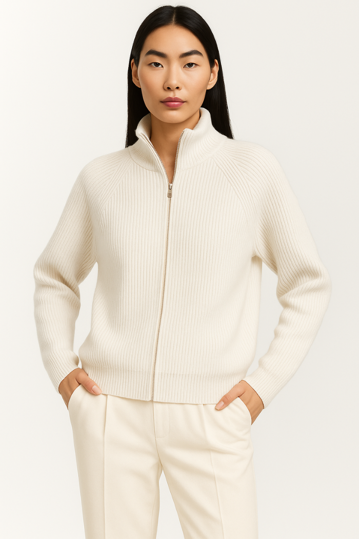 Cashmere Zip-Up Sweater Tailored Fit for Women | Sylvaine White