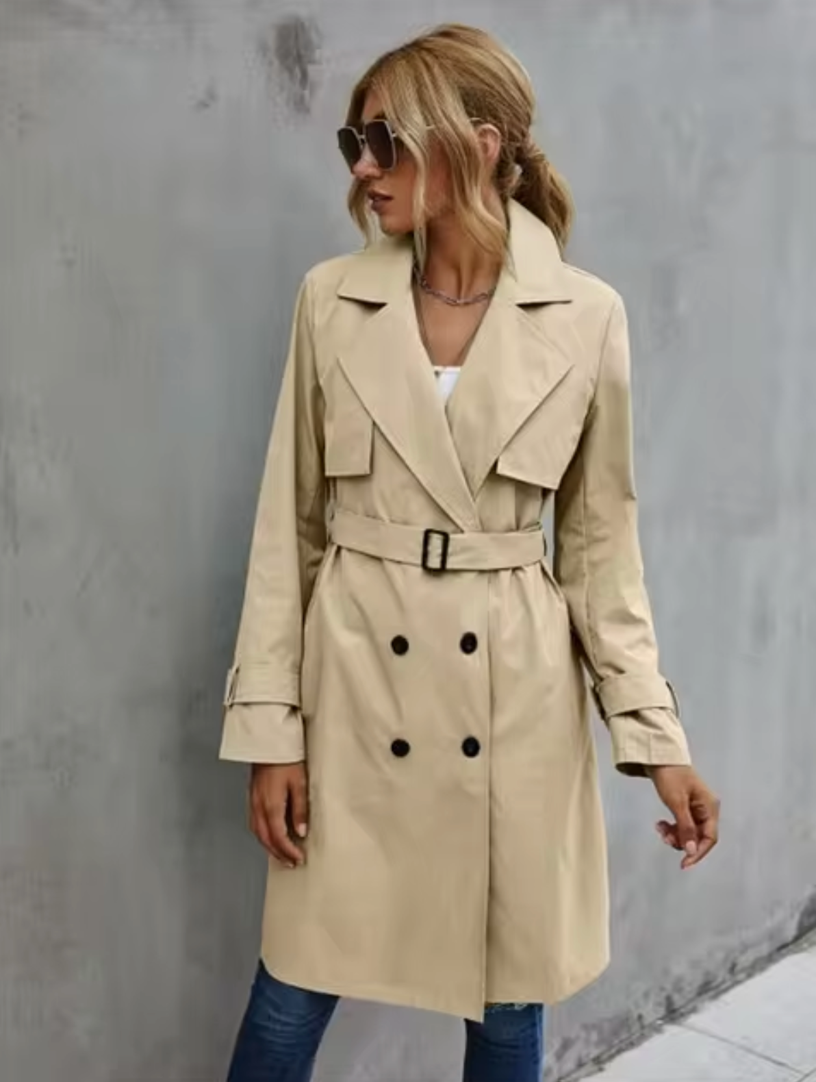 Trellis | Classic Double Breasted Black Trench Coat Khaki