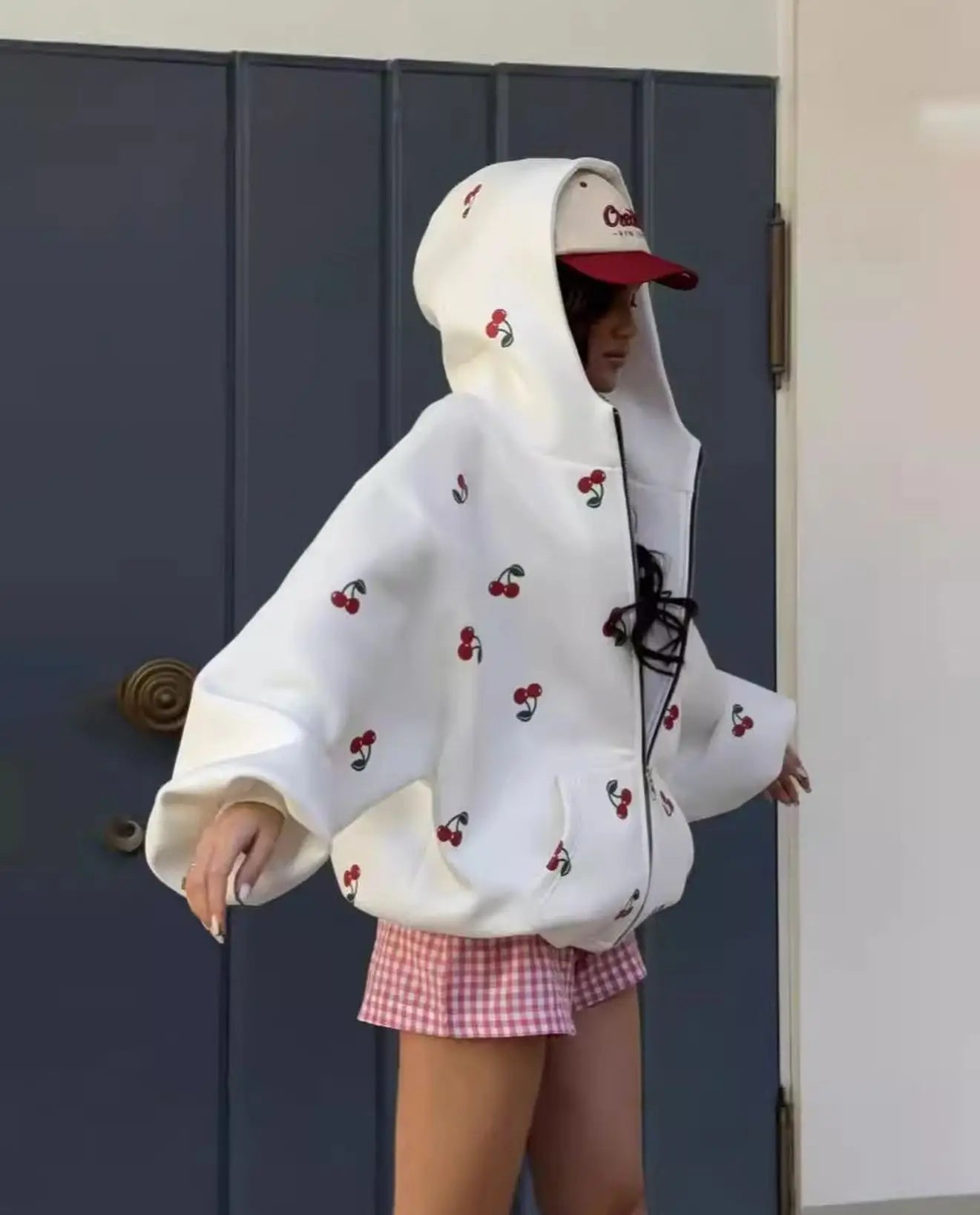 Trendy Oversized Cherry Print Zip-Up Hoodie for Women | Charlene