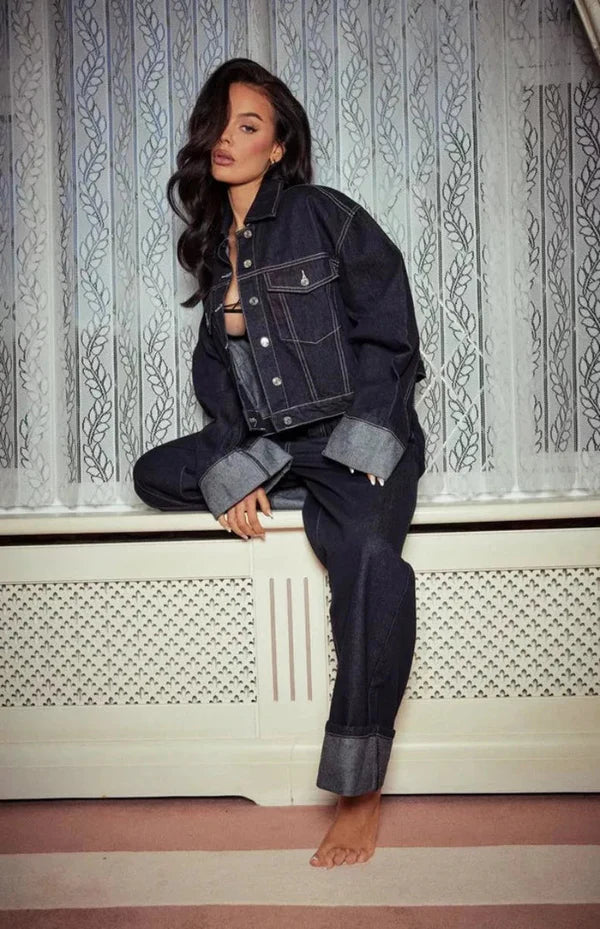 Trendy Oversized Denim Jacket and Wide-Leg Jeans Set for Women| Harper