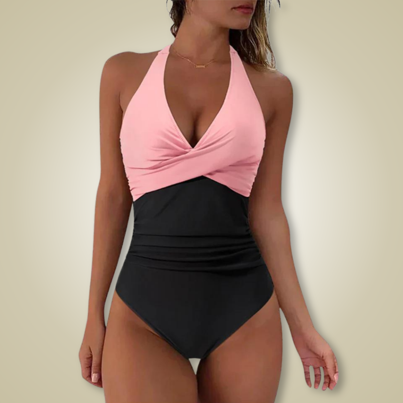 Tummy Control V Neck One Piece Swimsuit for Women | Fiona Pink black