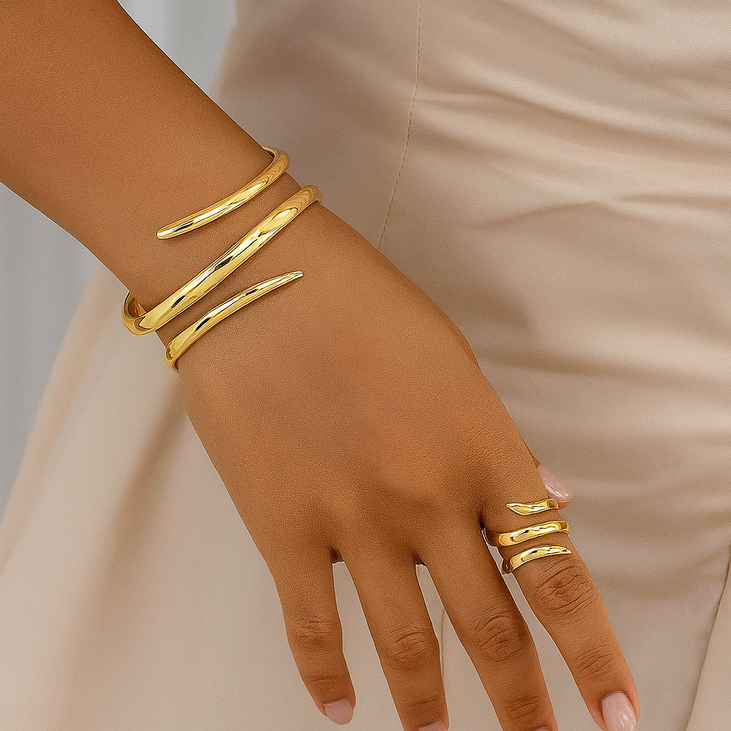 Twisted Open Cuff Bracelet and Ring Set for Women | Myrtle Gold