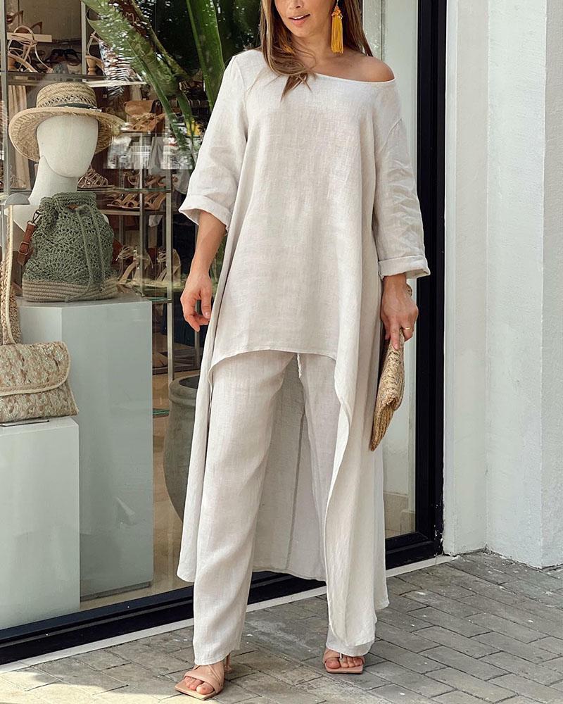 Two Piece Set with Breathable Top and High Waist Pants for Women | Sanya Beige