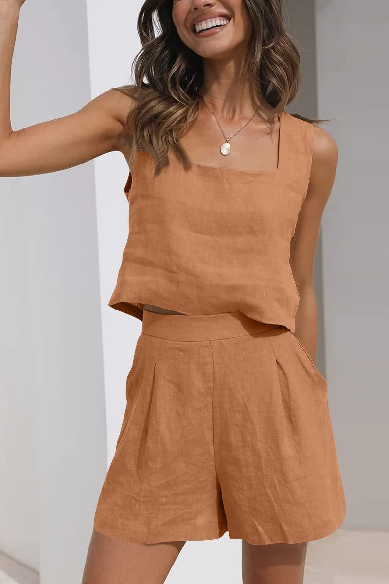 Linen Two-Piece Set with Pleated Shorts for Women | Vistara Light Brown