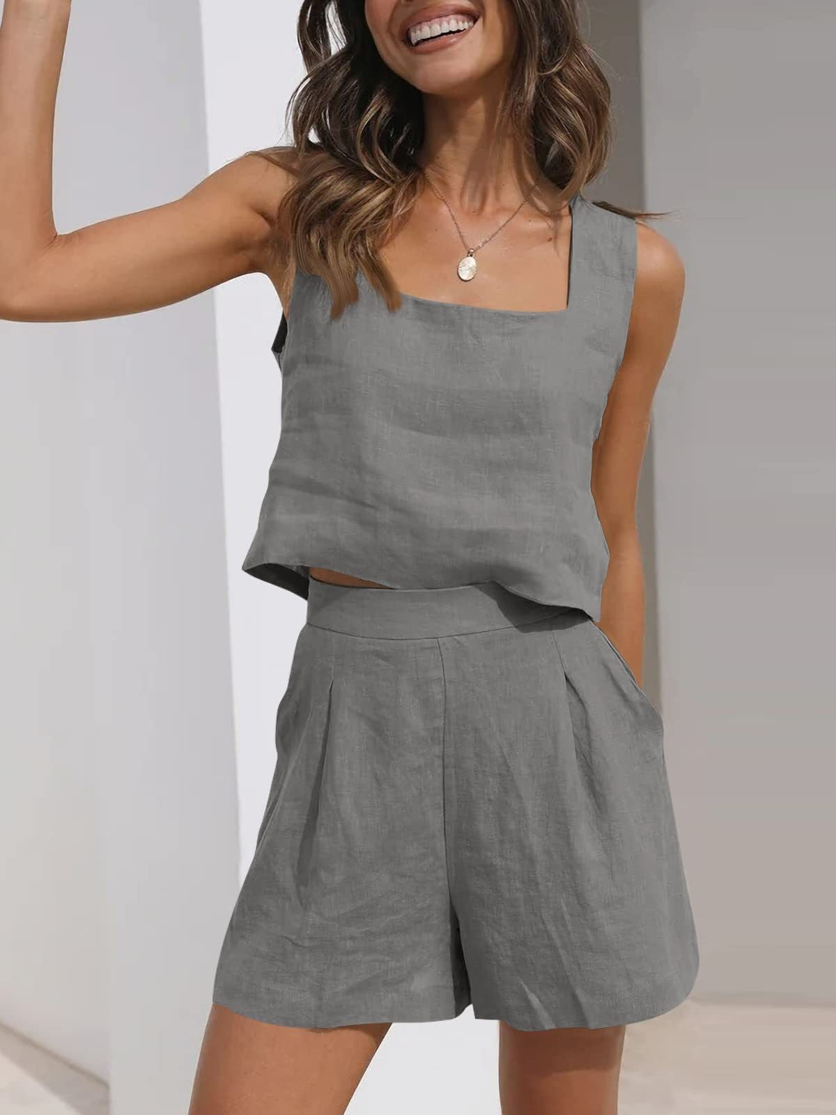 Linen Two-Piece Set with Pleated Shorts for Women | Vistara Gray
