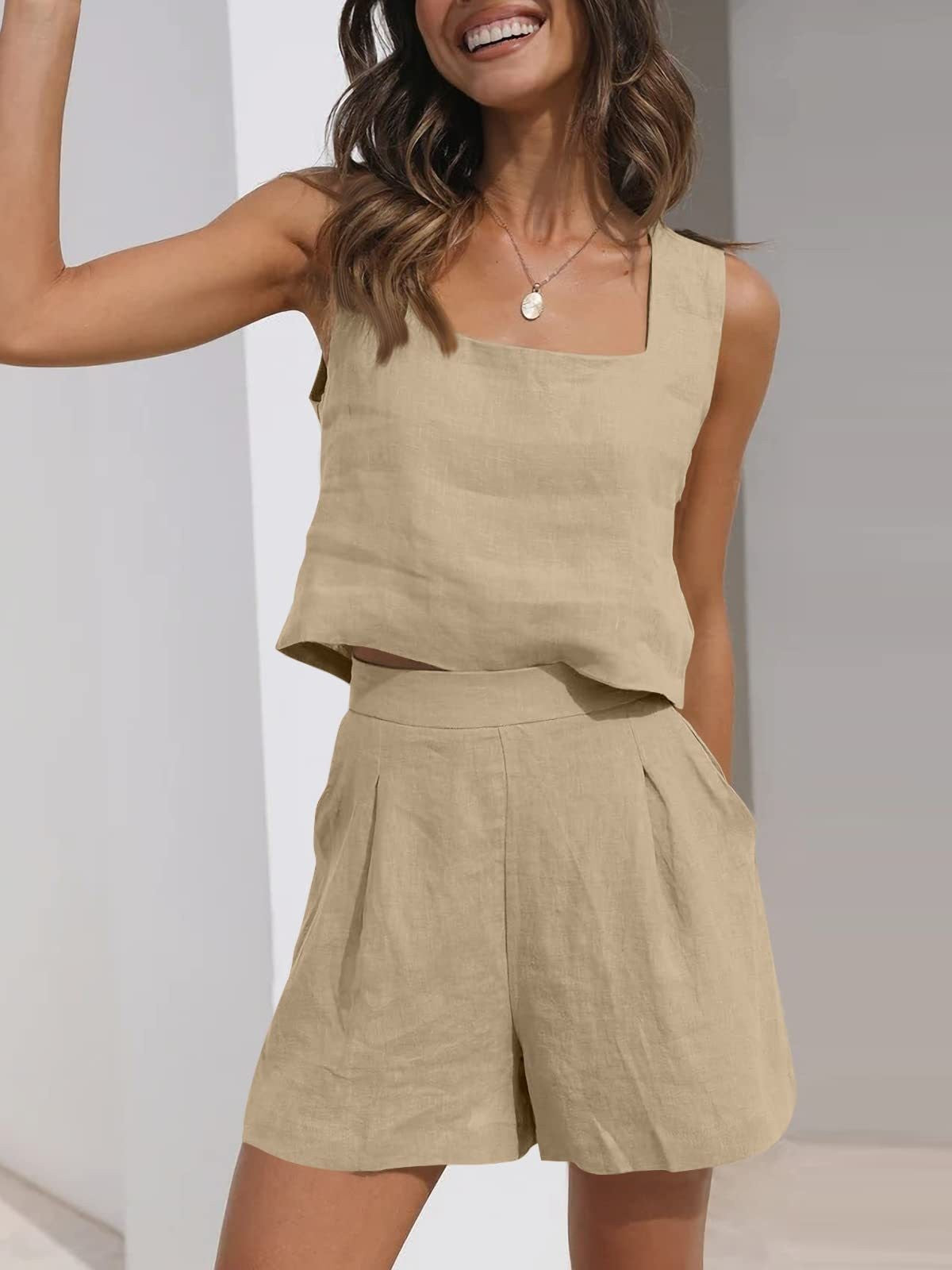 Linen Two-Piece Set with Pleated Shorts for Women | Vistara Khaki