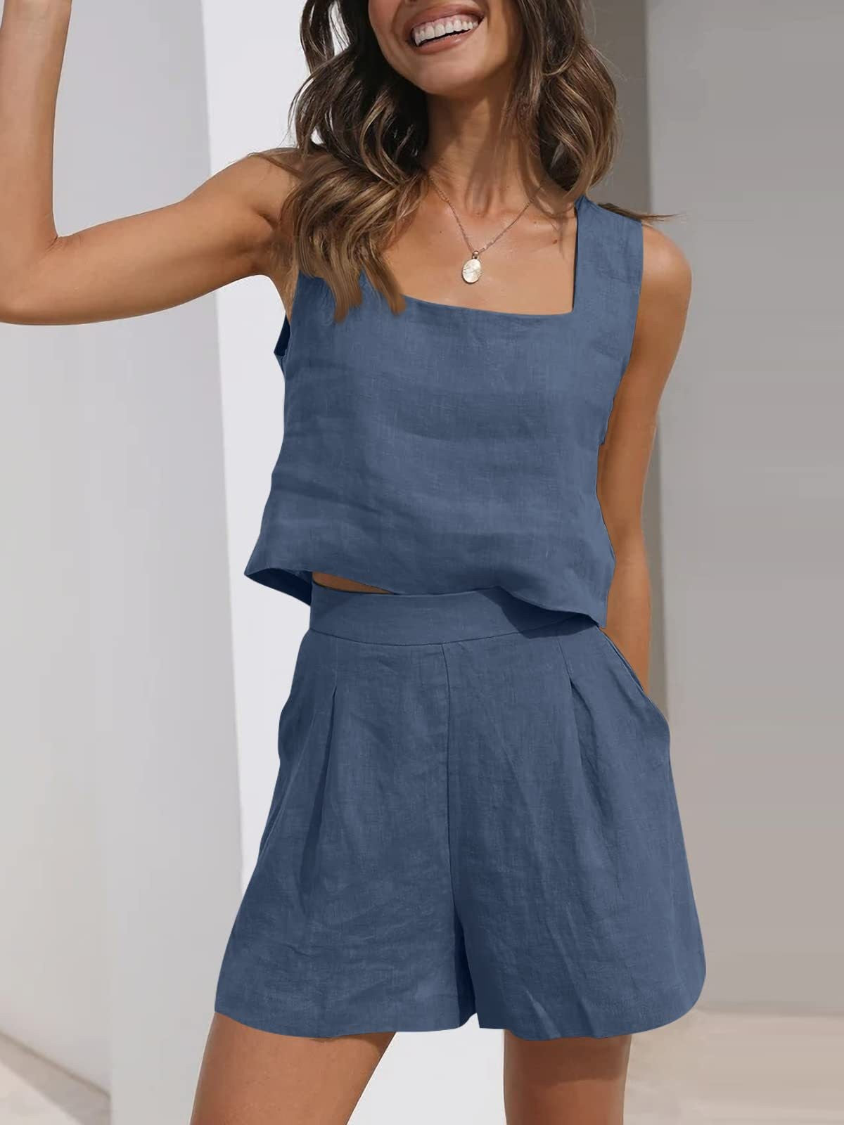 Linen Two-Piece Set with Pleated Shorts for Women | Vistara Royal Blue