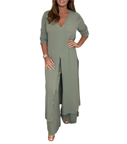 Two-Piece Longline Tunic and Wide-Leg Pants Set for Women | Gaia Sage Green