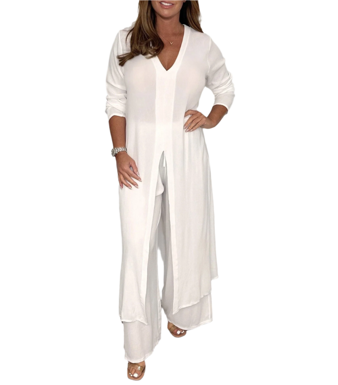 Two-Piece Longline Tunic and Wide-Leg Pants Set for Women | Gaia White