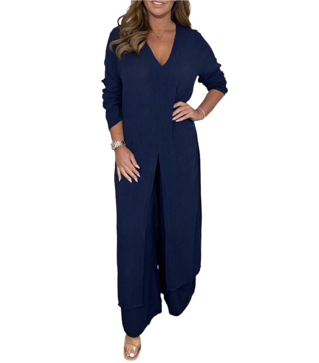 Two-Piece Longline Tunic and Wide-Leg Pants Set for Women | Gaia Navy Blue