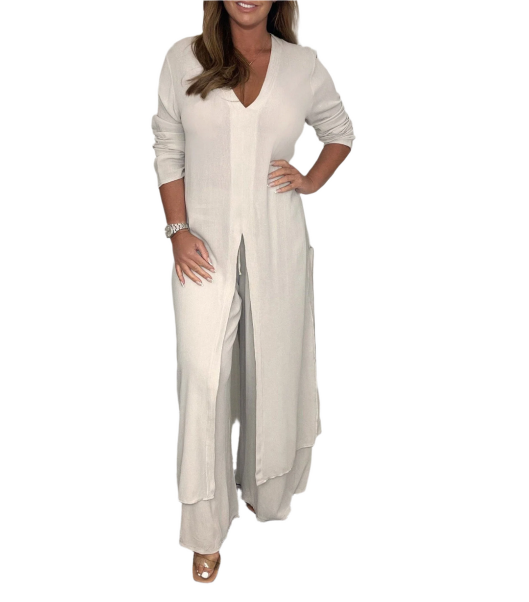 Two-Piece Longline Tunic and Wide-Leg Pants Set for Women | Gaia Beige