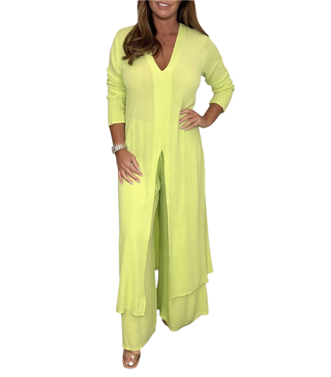 Two-Piece Longline Tunic and Wide-Leg Pants Set for Women | Gaia Lime