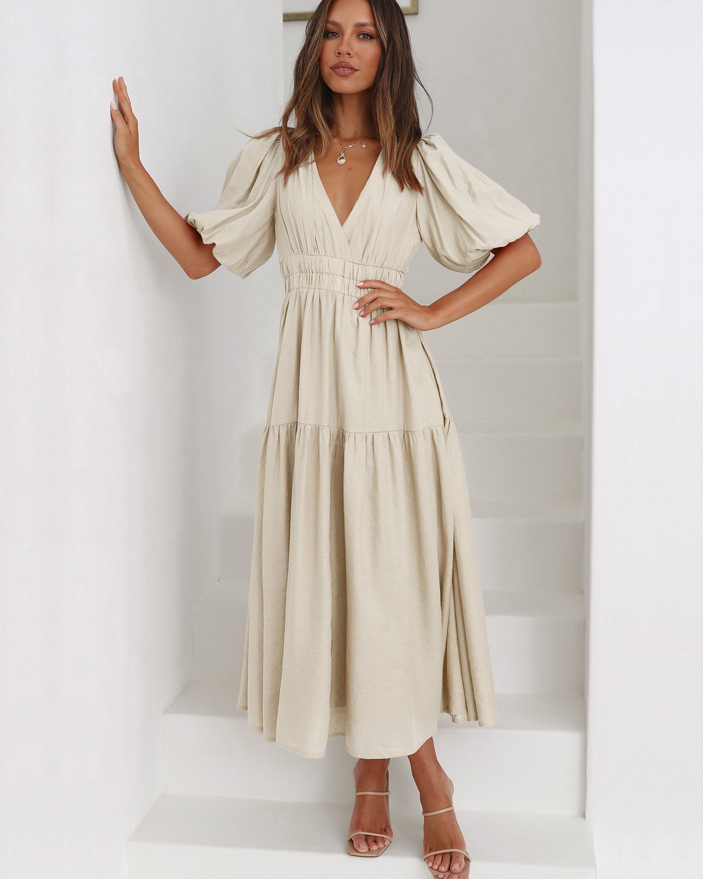 V-Neck Puff Sleeve Midi Dress for Women | Emilia Cream