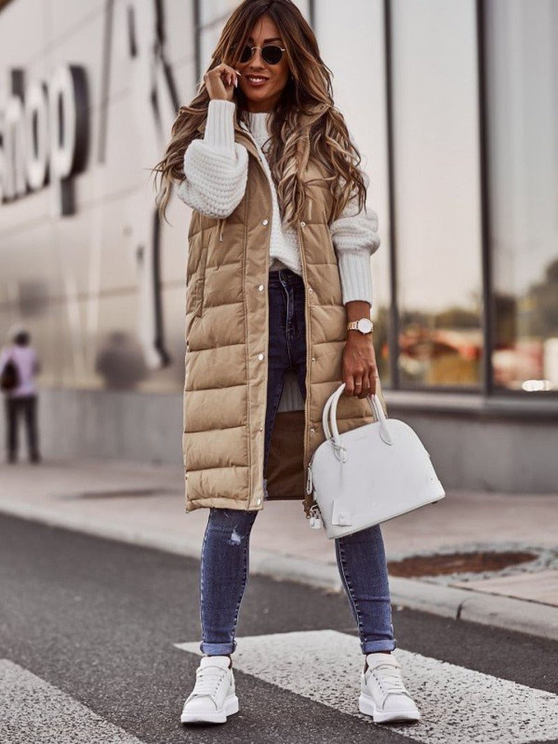 Long Puffer Vest Stylish Layering for Women | Vicky Beige