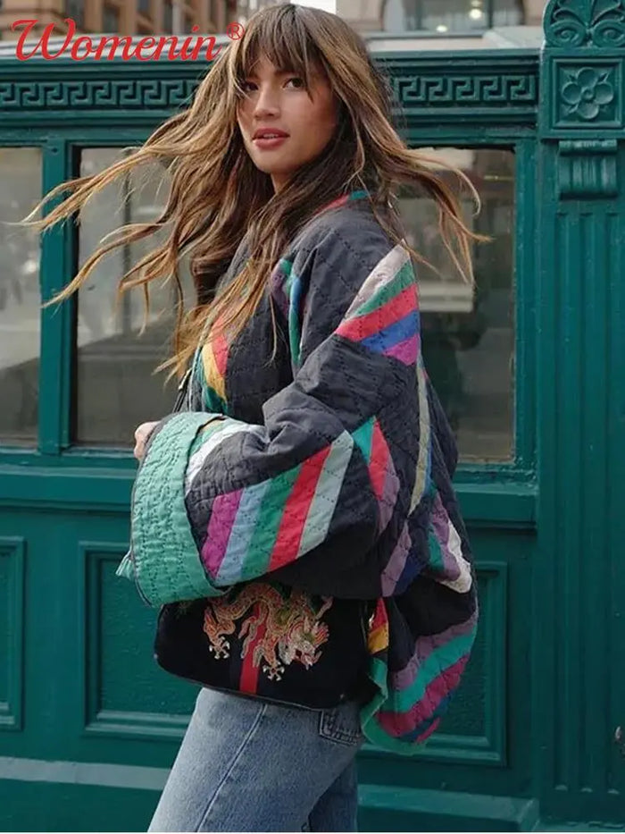 Vintage Colorblock Quilted Oversized Jacket for Women | Zoey