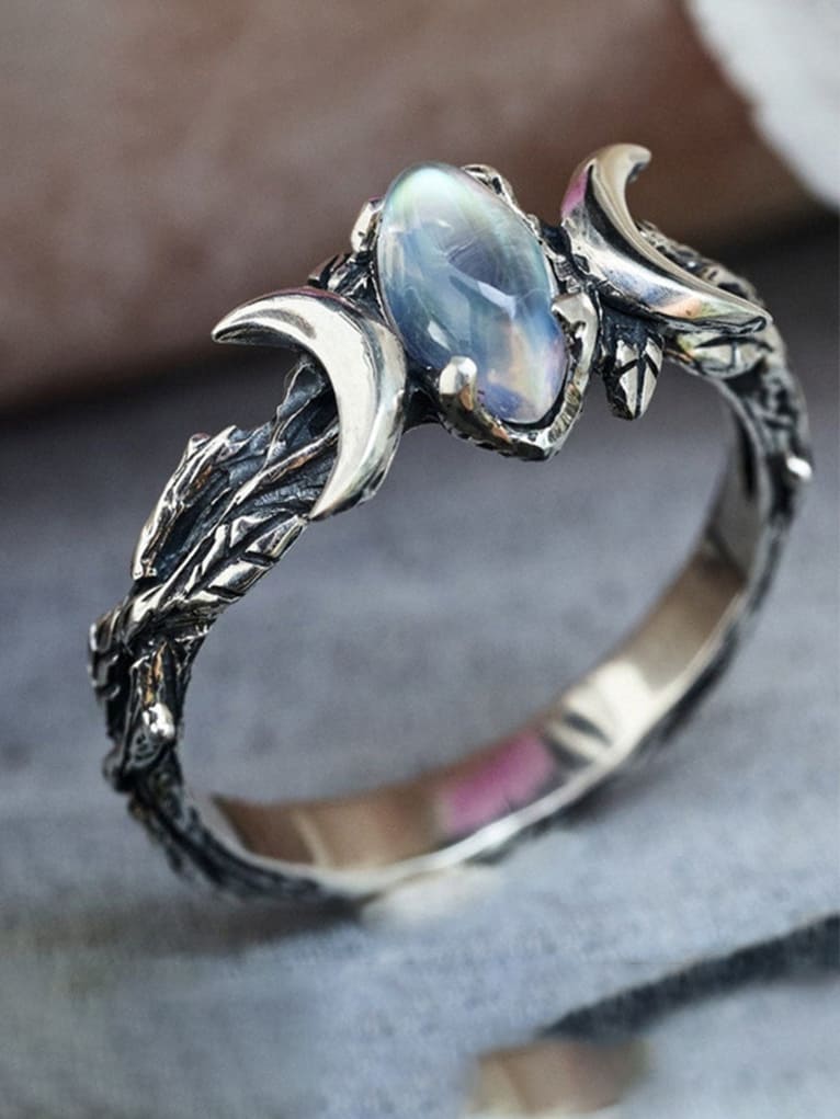 Vintage Moonstone Leaf Ring for Women | Selene Silver Adjustable