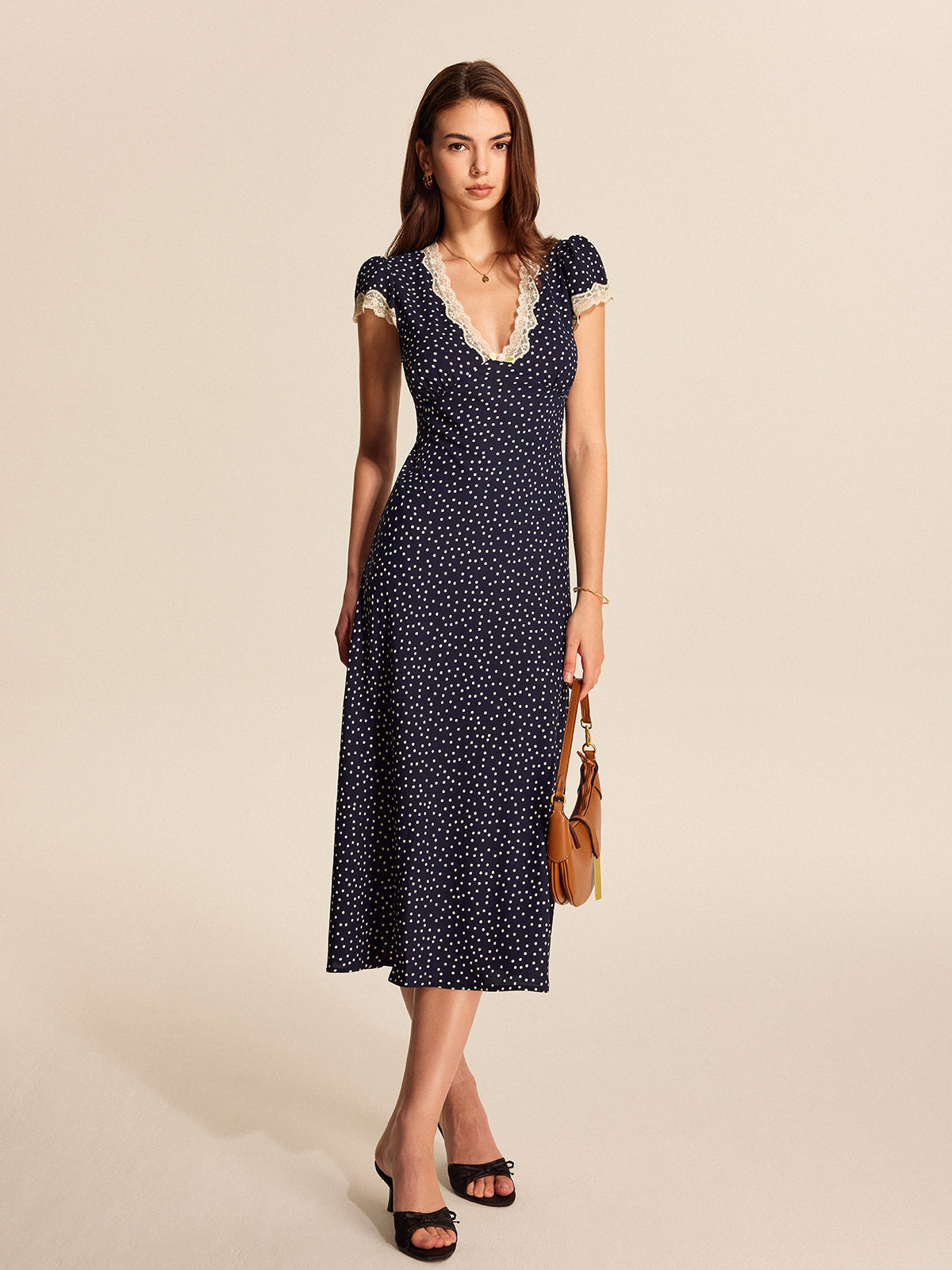 Vintage Polka Dot Lace Trim Midi Dress for Women | Colette