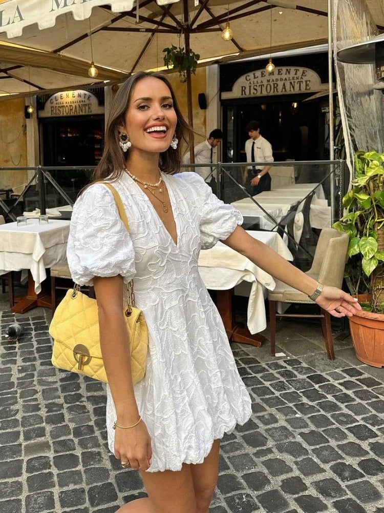 White Puff Sleeve Embroidered Mini Dress for Women | Olive