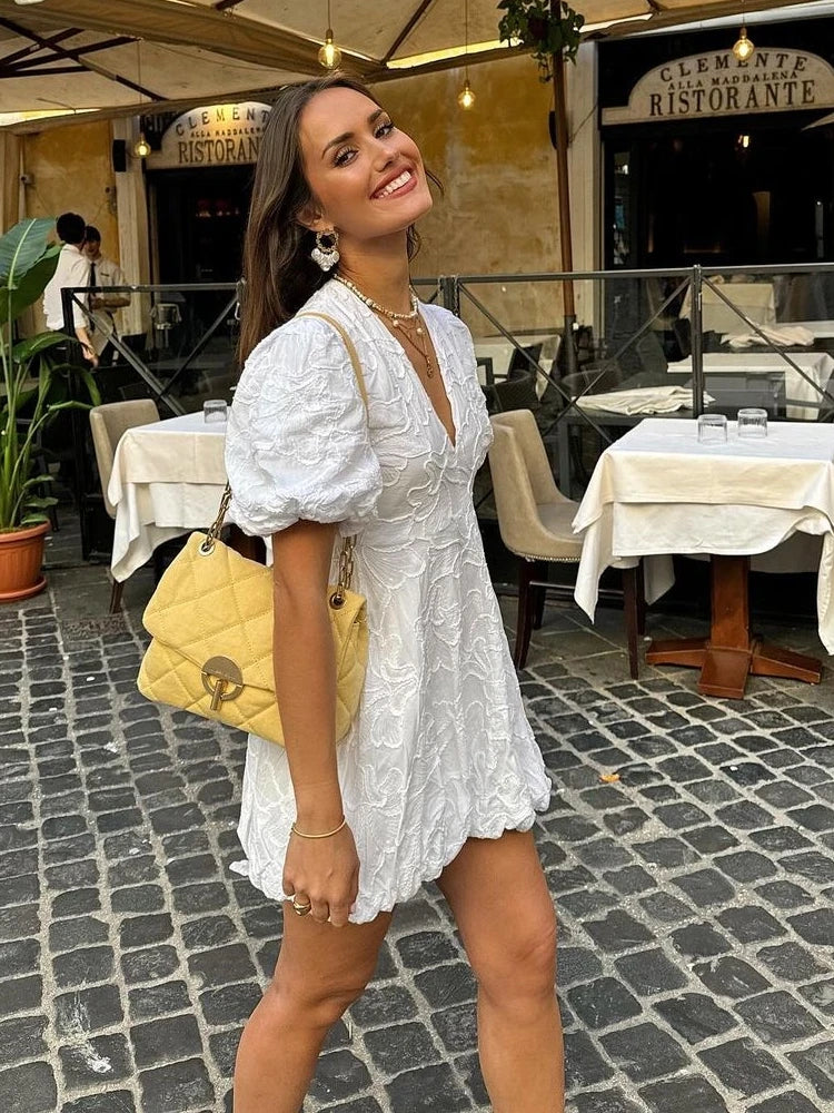 White Puff Sleeve Embroidered Mini Dress for Women | Olive