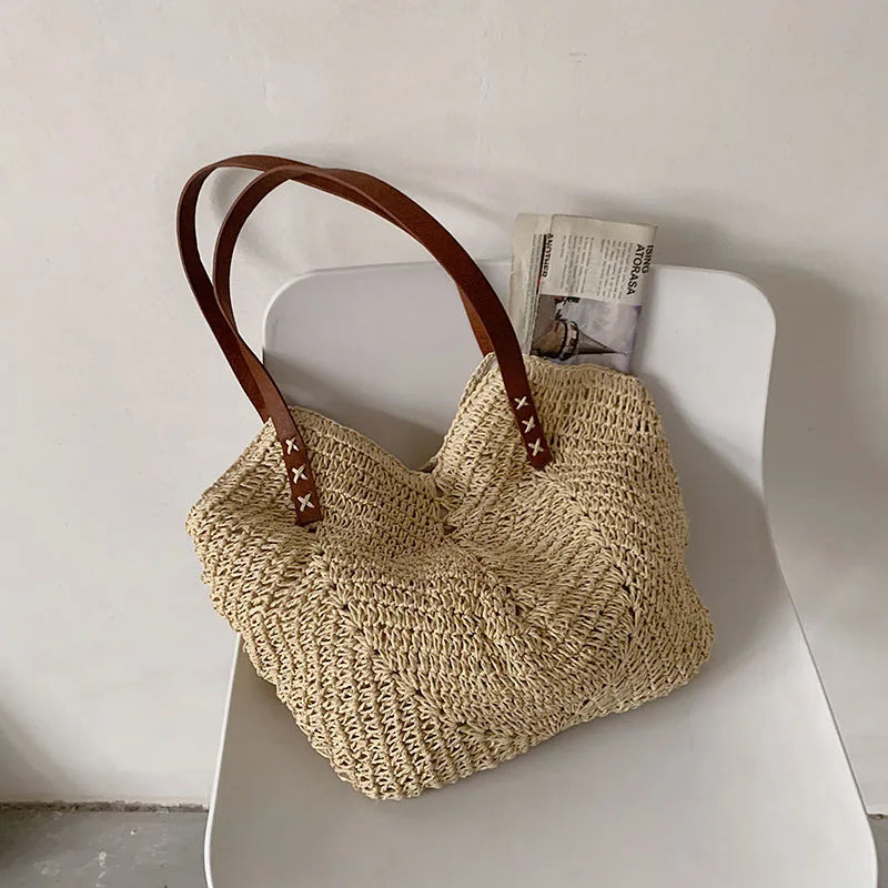 Woven Straw Shoulder Beach Bag For Women | Liora Beige One Size