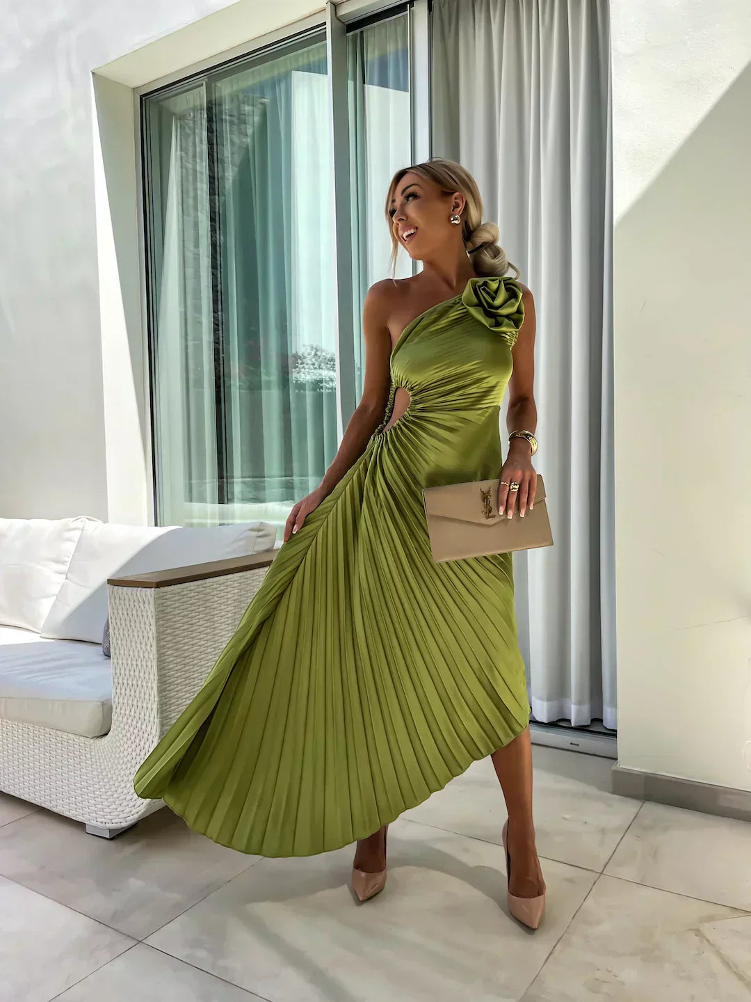 One-Shoulder Pleated Maxi Dress for Women | Zylera