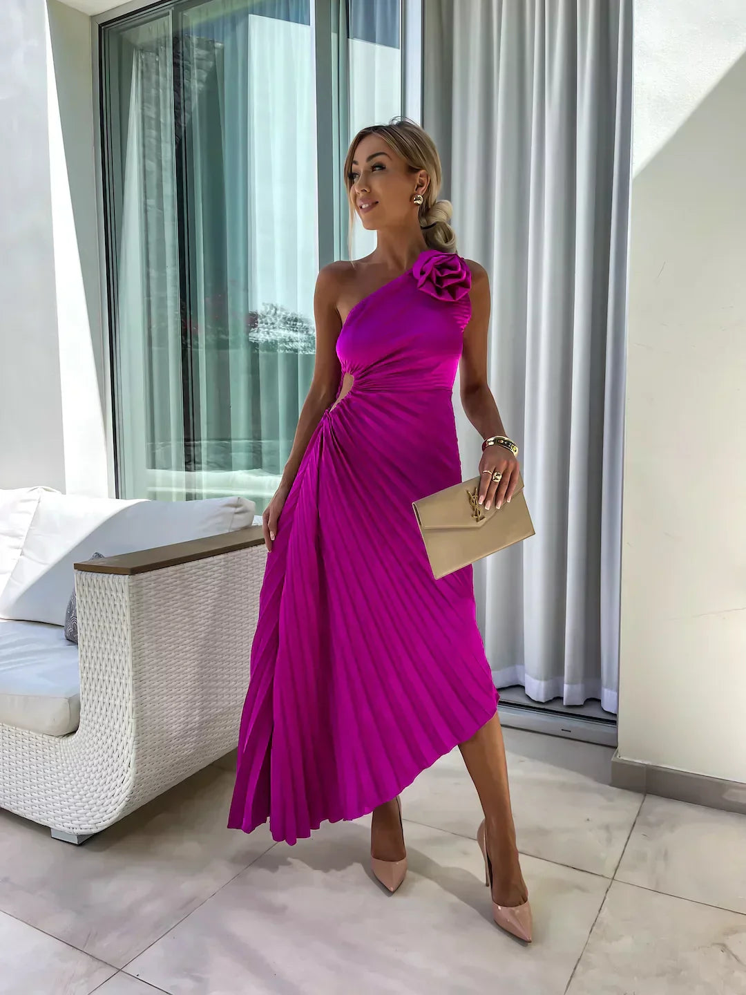 One-Shoulder Pleated Maxi Dress for Women | Zylera