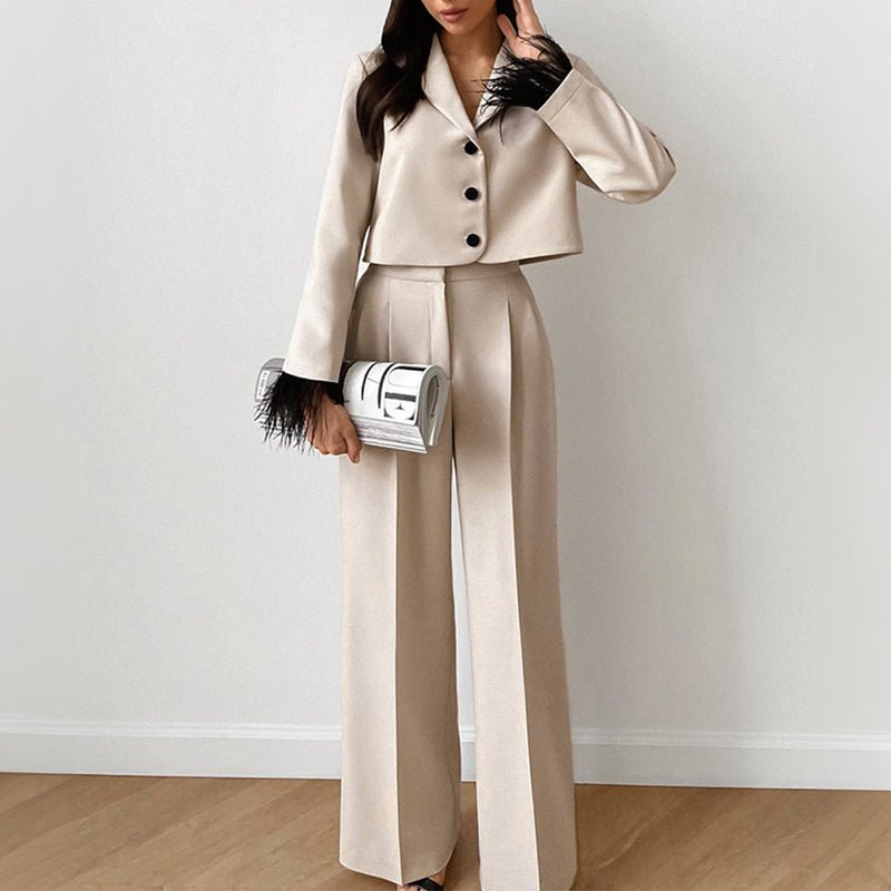 Beige Wide Leg Pants and Cropped Blazer 2 Piece Set for Women | Magnolia