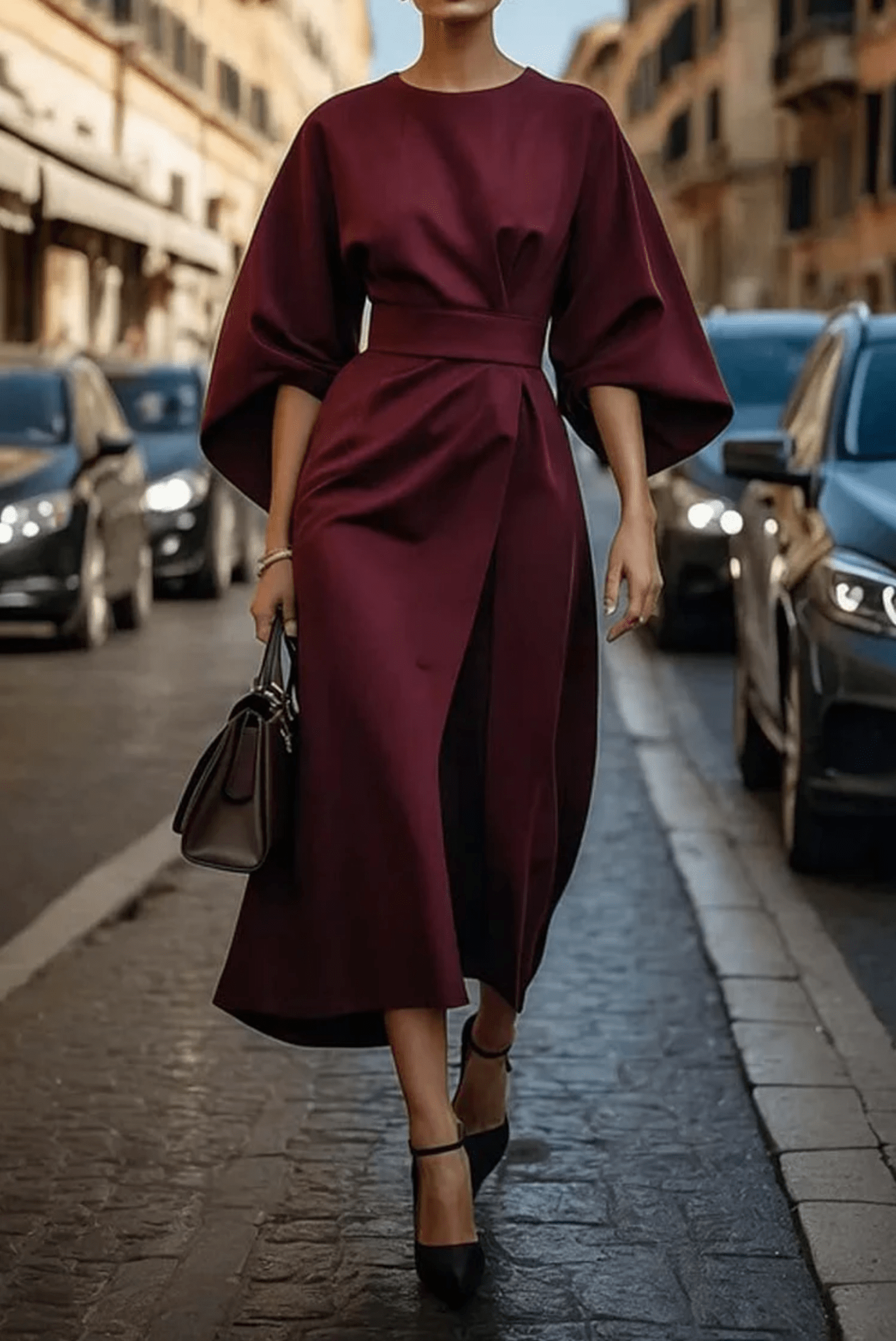 Belted Maxi Dress Elegant Fit for Women | Gabriela Burgundy