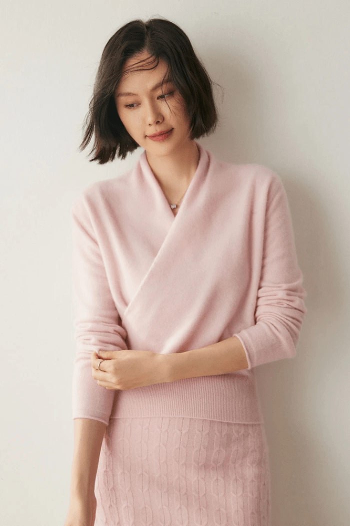 Cashmere Sweater Crossover Collar for Women | Kylor Pink