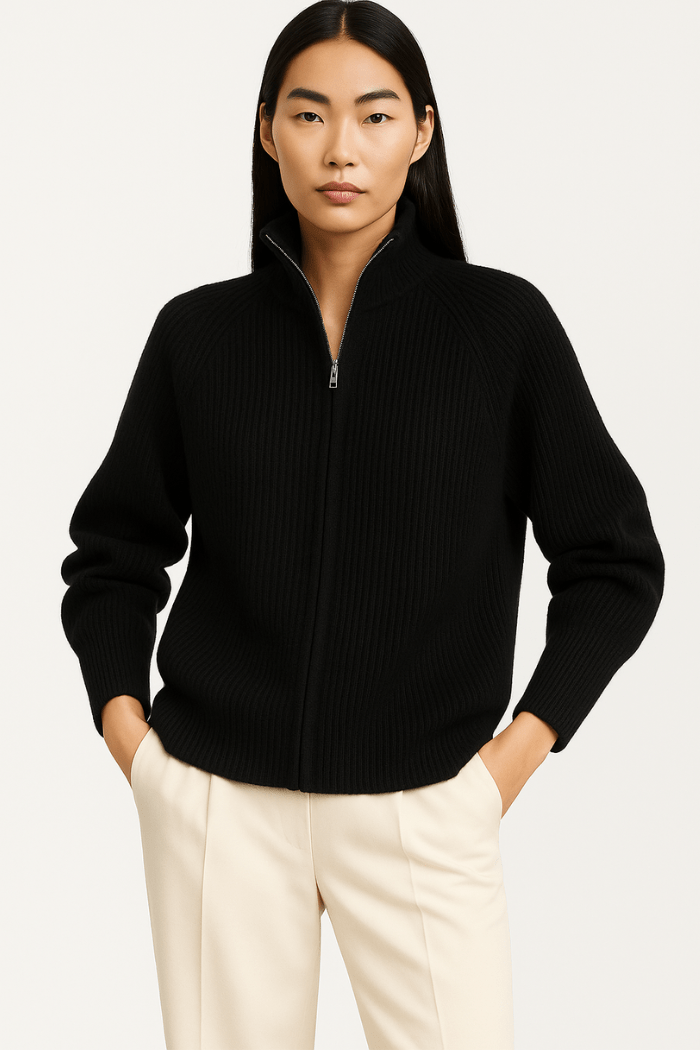 Cashmere Zip-Up Sweater Tailored Fit for Women | Sylvaine Black
