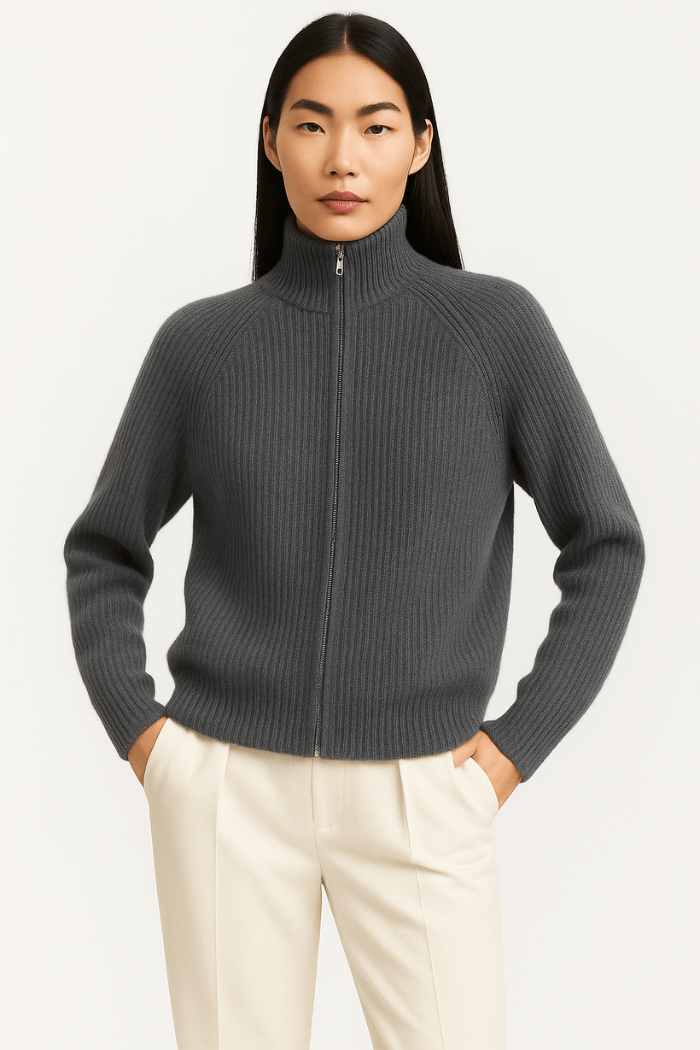Cashmere Zip-Up Sweater Tailored Fit for Women | Sylvaine Gray