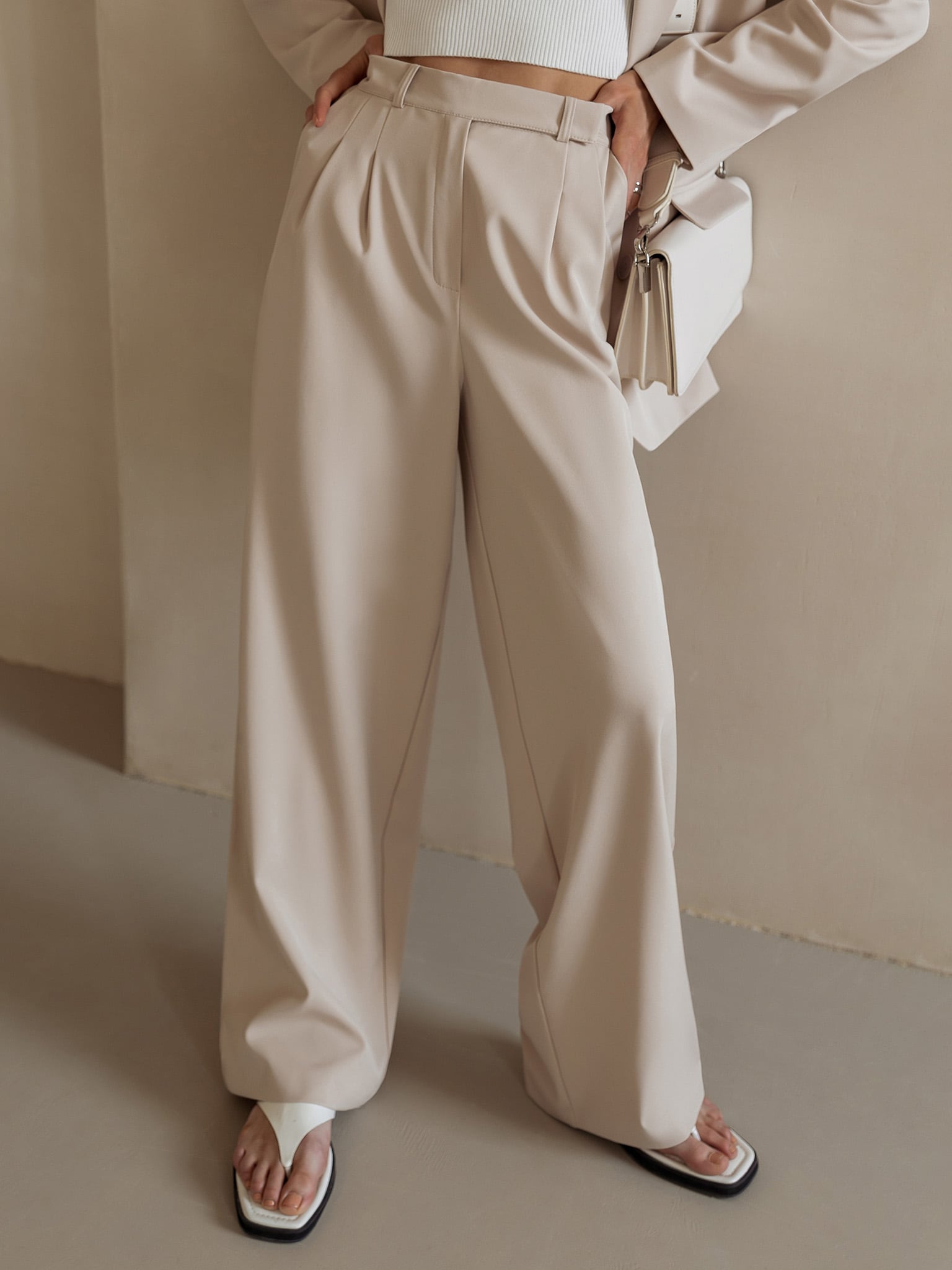 High Waisted Wide Leg Trousers for Women | Alvena Beige