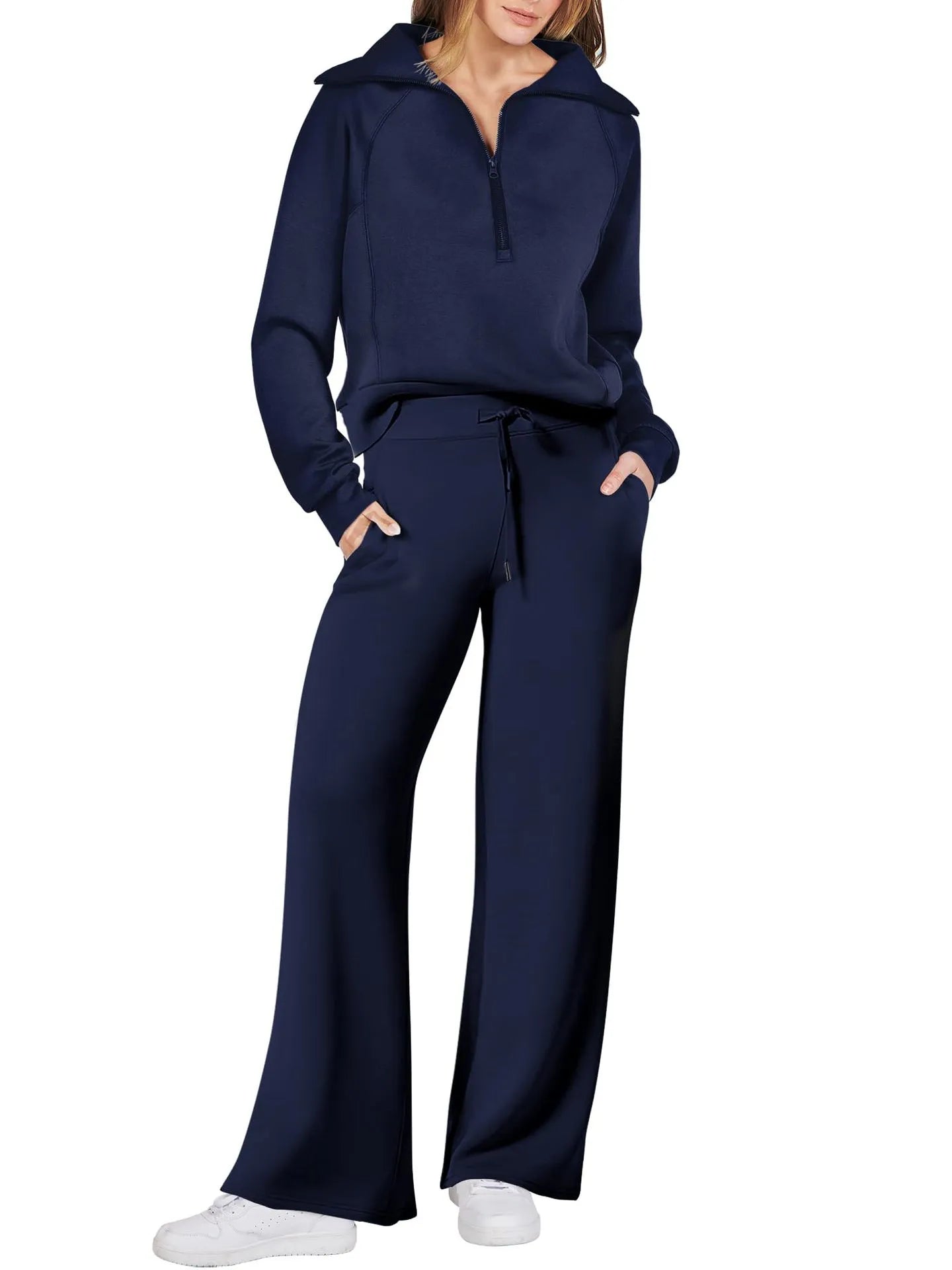 Lounge Set with Zip-Collar Top and Wide-Leg Pants for Women | Aveline Navy