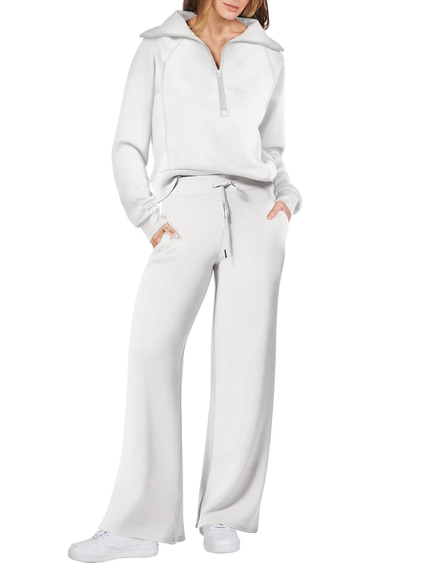 Lounge Set with Zip-Collar Top and Wide-Leg Pants for Women | Aveline White