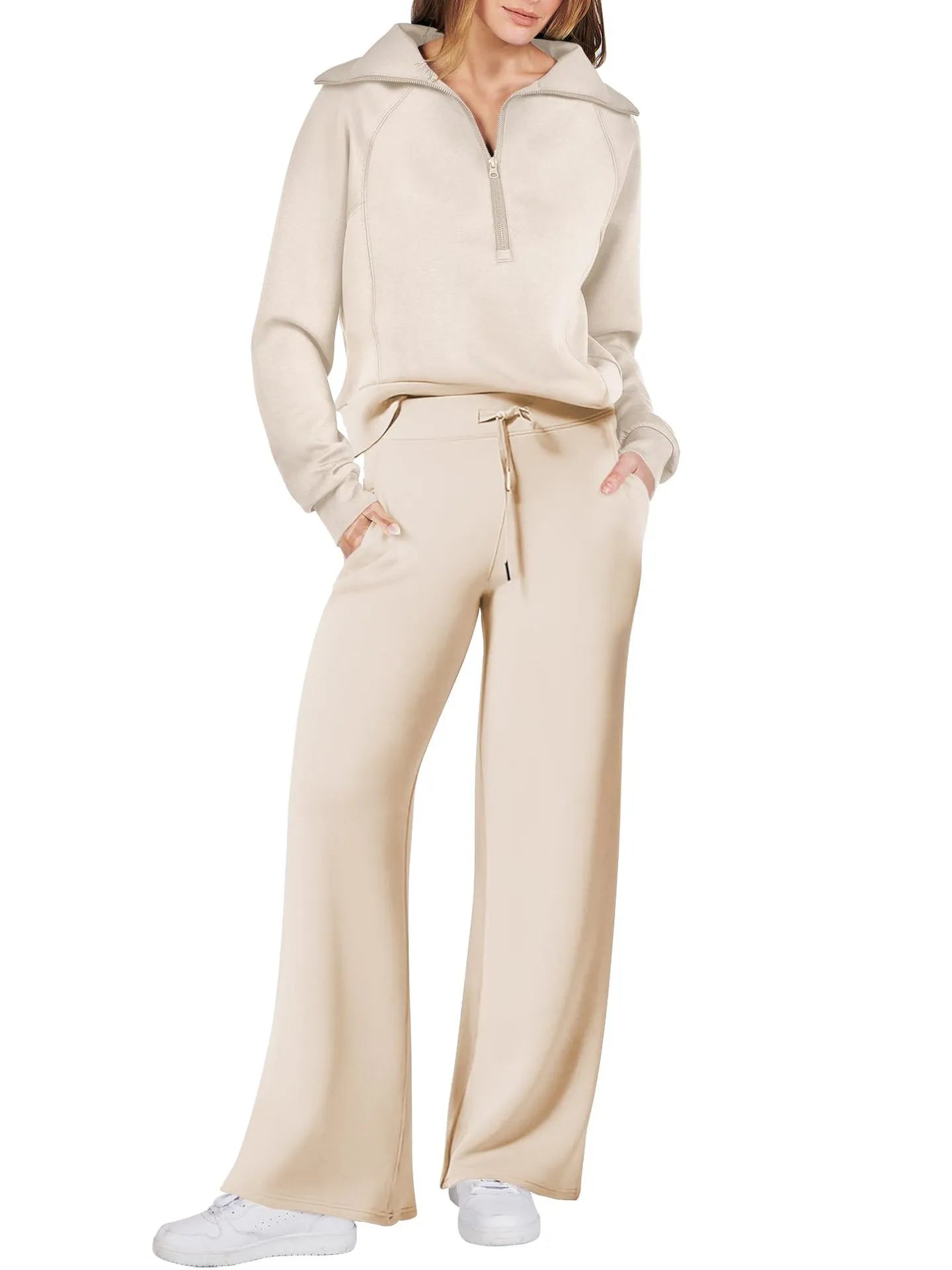 Lounge Set with Zip-Collar Top and Wide-Leg Pants for Women | Aveline Beige