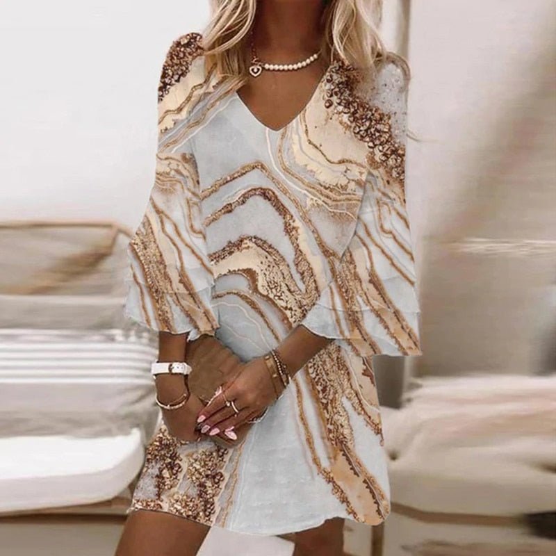 Mini Dress with V-Neck and Flared Three-Quarter Sleeves for Women | Claudia Gold