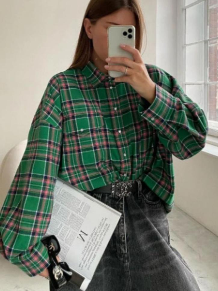 Plaid Button Down Shirt Oversized Fit for Women | Zerok Pink Green