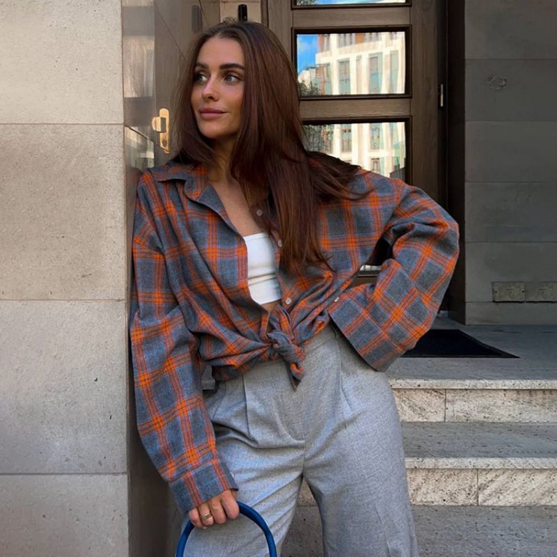 Plaid Button Down Shirt Oversized Fit for Women | Zerok Orange