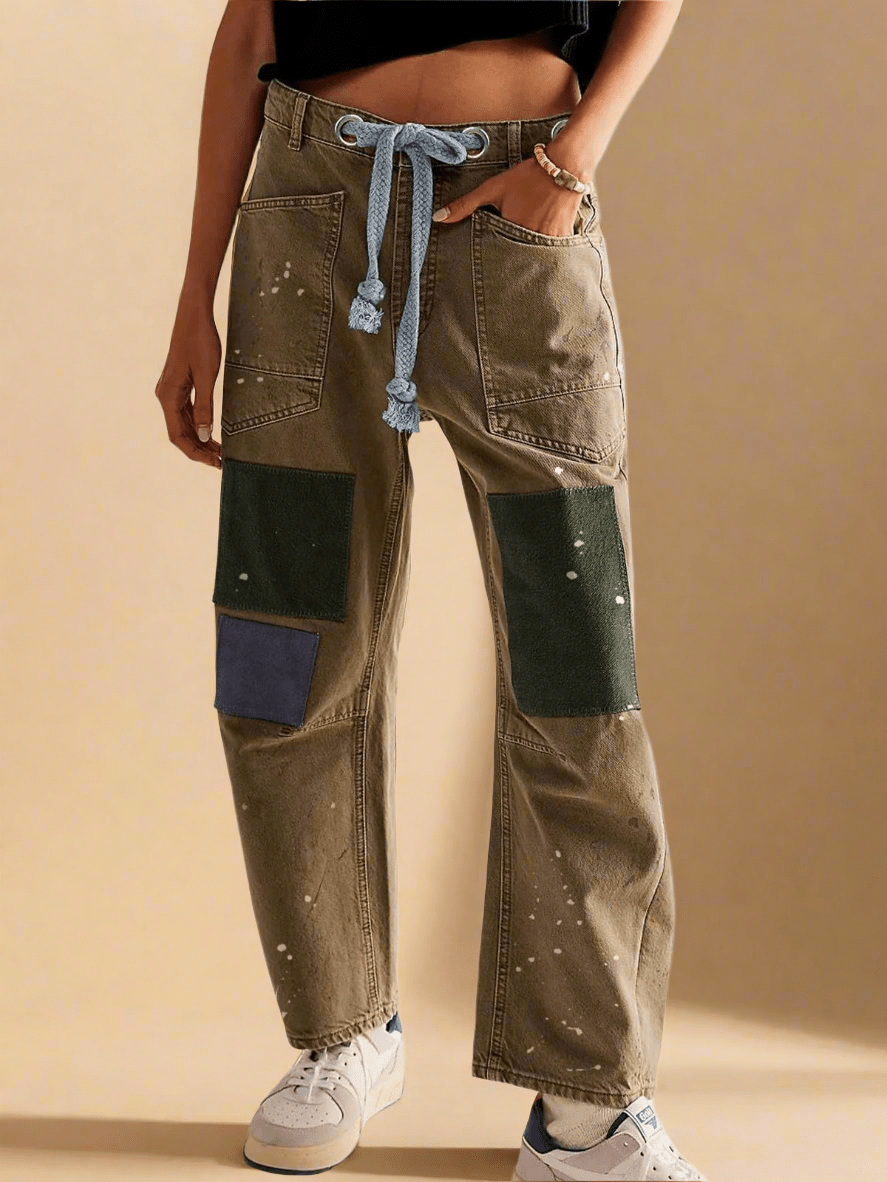 Relaxed Denim Pants with Adjustable Drawcord for Women | Thea Khaki