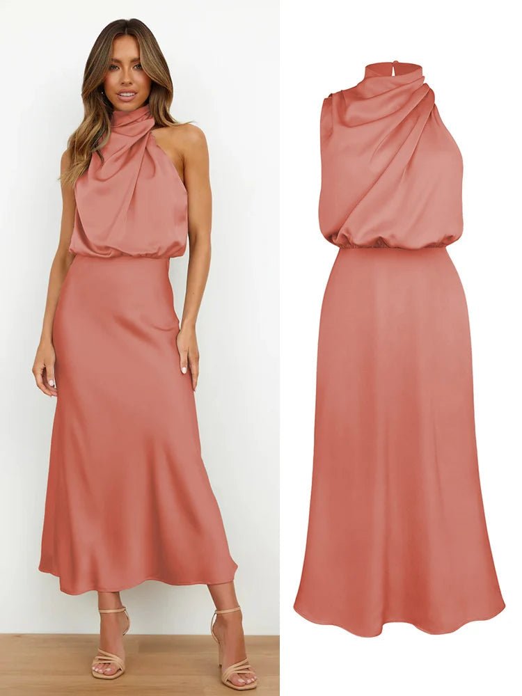 Satin Midi Dress with Asymmetrical Neckline for Women | Julia Peach