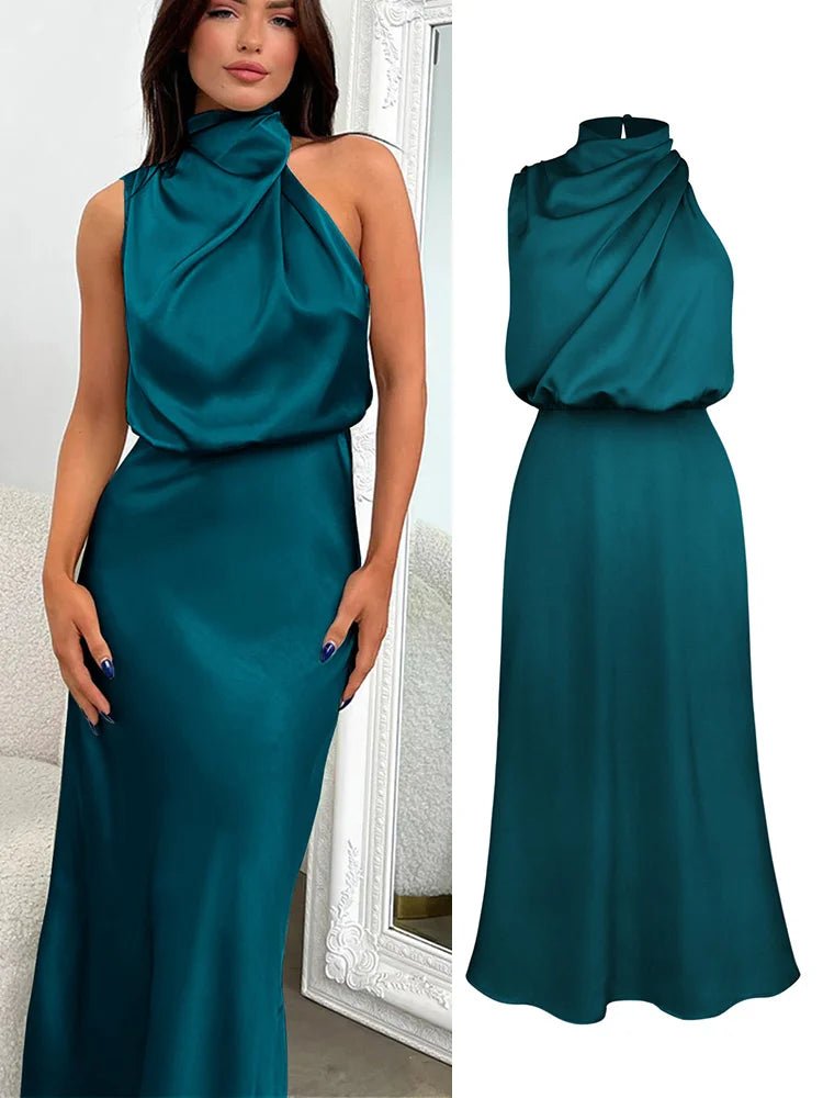 Satin Midi Dress with Asymmetrical Neckline for Women | Julia Blue