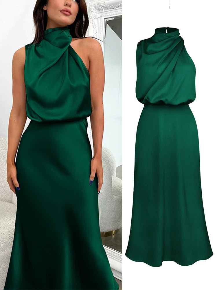 Satin Midi Dress with Asymmetrical Neckline for Women | Julia Dark green