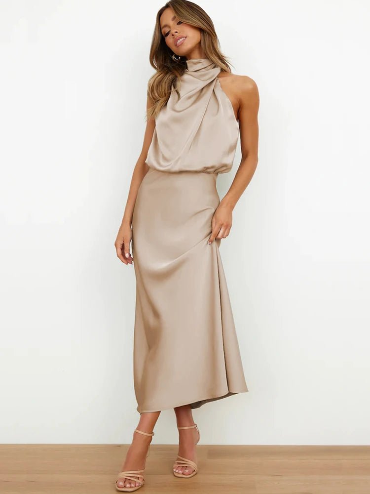 Satin Midi Dress with Asymmetrical Neckline for Women | Julia